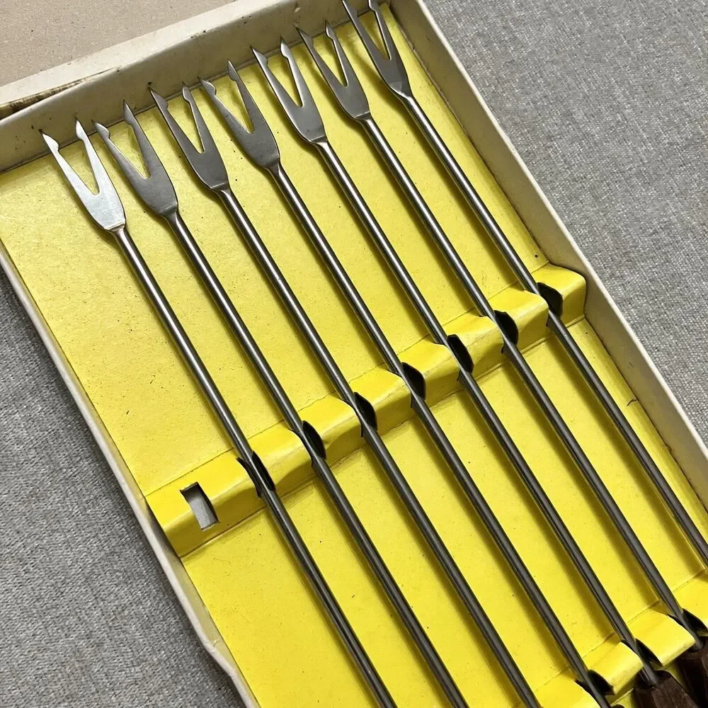 VTG MCM Teak Handle Stainless Fondue Forks Original Box 11 Pcs Made In Japan EXC